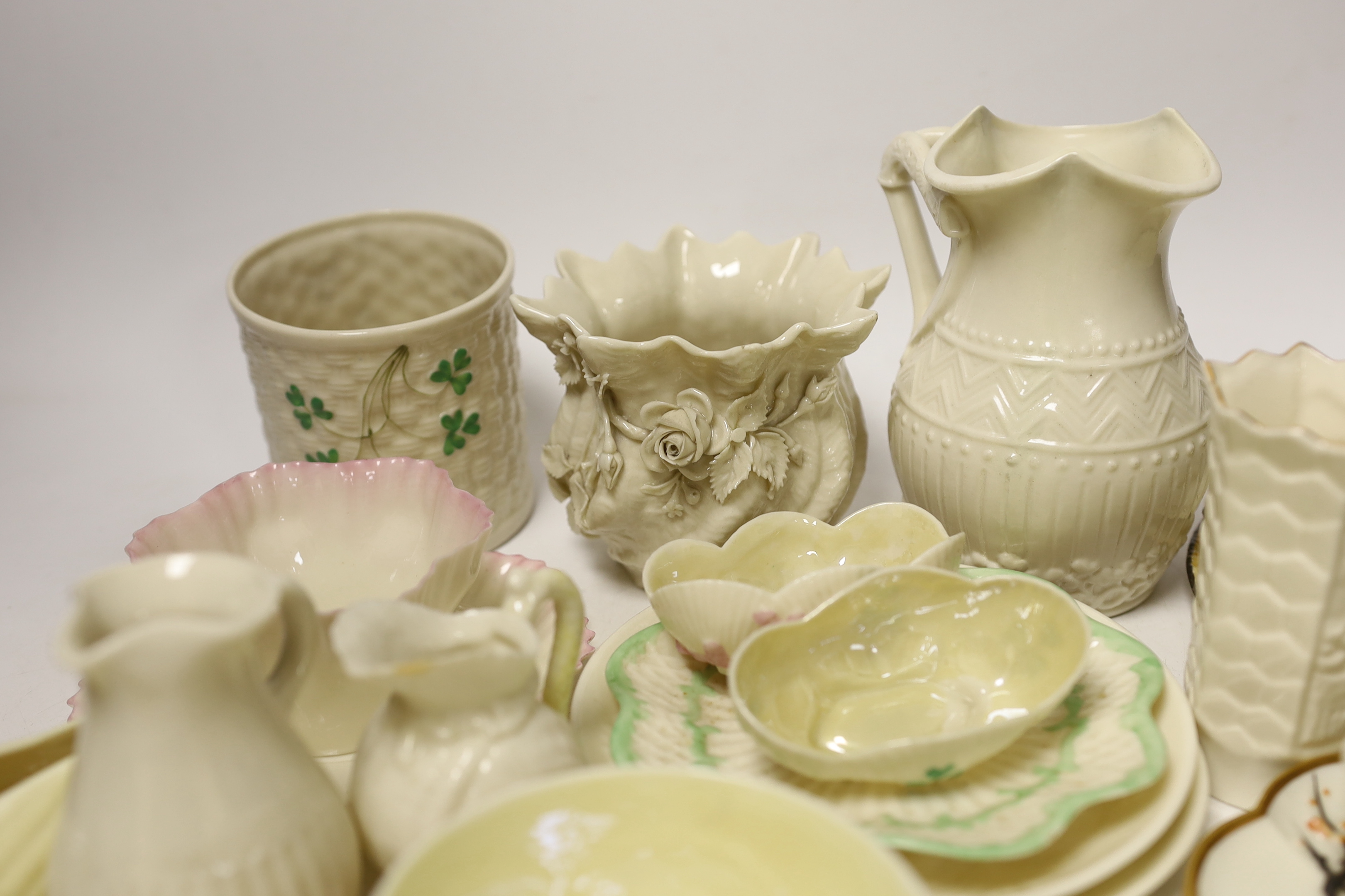 A quantity of Belleek porcelain tea and decorative wares, 1st period and later